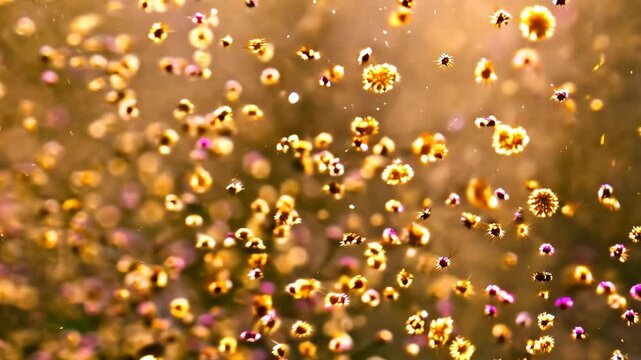 Abstract floral pattern with blurred golden and pink wildflowers creating a dreamlike impression of a natural bloom