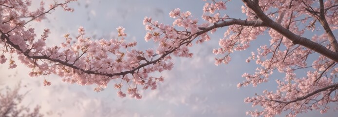 Fototapeta premium Soft pink sakura petals descend against a muted pastel sky , design, beauty