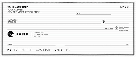 Bank check, vector blank money cheque, checkbook template with guilloche pattern and fields. Currency payment coupon, money check background
