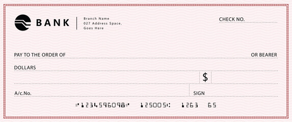 Red Bank check, vector blank money cheque, checkbook template with guilloche pattern and fields. Currency payment coupon, money check background	