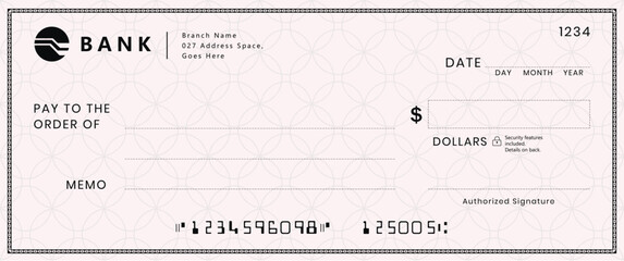 Red Bank check, vector blank money cheque, checkbook template with guilloche pattern and fields. Currency payment coupon, money check background	