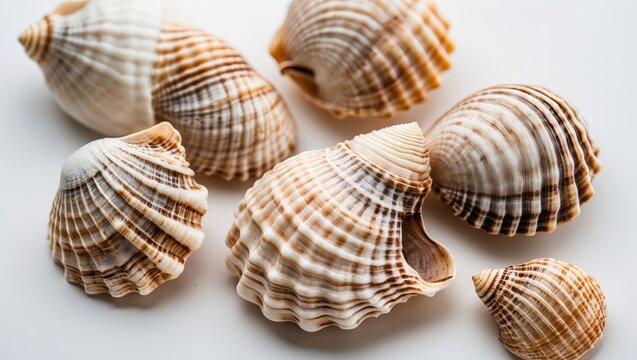 Shells of Phalium Glaucum on white background with empty copy space for text