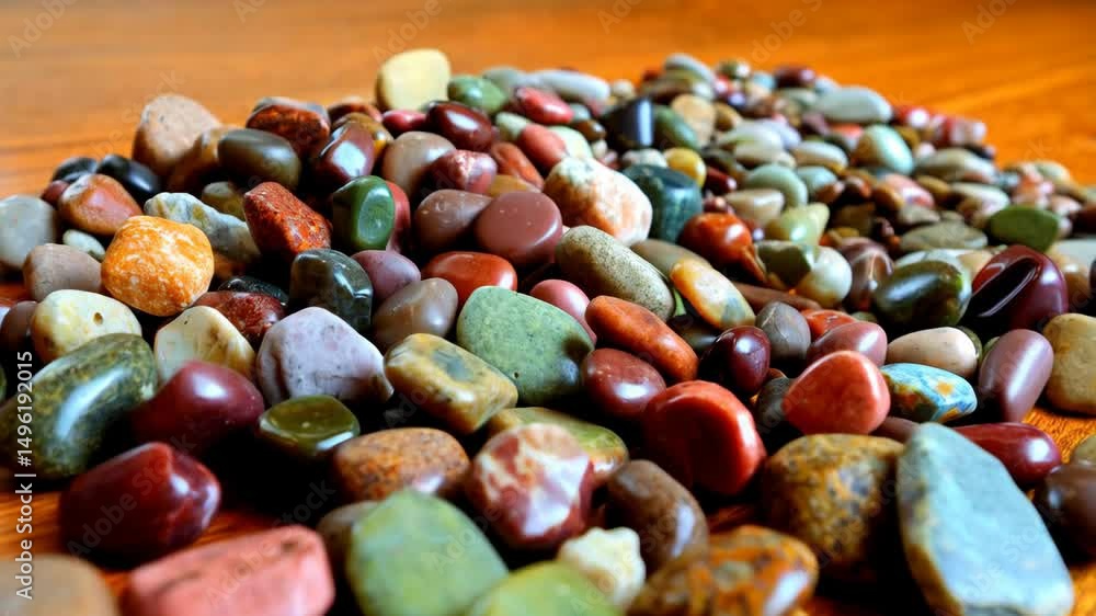 Poster pile of colorful polished stones and pebbles with natural patterns on a wooden surface, creating a d