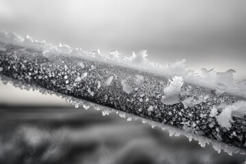 Close-up of a frosty metal railing, intricate ice crystals forming a delicate, wintery scene.