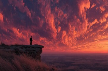 Person on cliff admiring vibrant sunset sky.