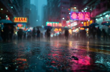 Blurred city street in rain with neon reflections.