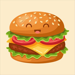 Fun and cheerful illustration of a smiling cartoon cheeseburger with lettuce, tomato, cheese, and sesame bun on a light background. Flat vector.
