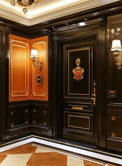 Luxurious dark wood entryway with orange accent wall, detailed molding, and ornate door featuring a metallic emblem