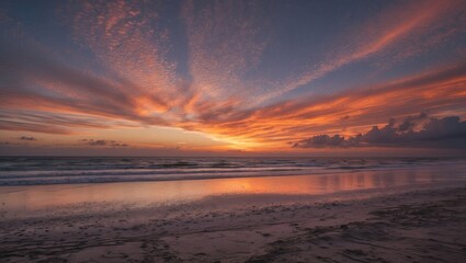 Obraz premium Amazing sunset with pockmarked sky shot on a sandy beach at low tide