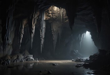 Dark, dripping cave; stalactites, grunge, underground, modern, damp, eerie, cave,  raw