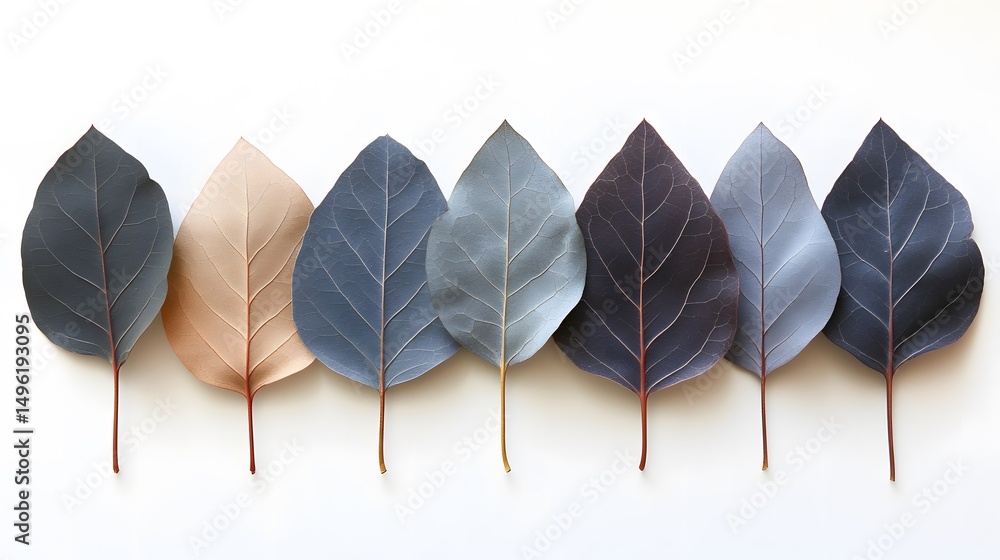 Poster a spectrum of muted tones on autumn leaves arranged in a horizontal line.