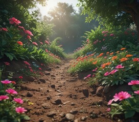 Vibrant blooms nestled in rich soil, lush green foliage ,  earth,  nature