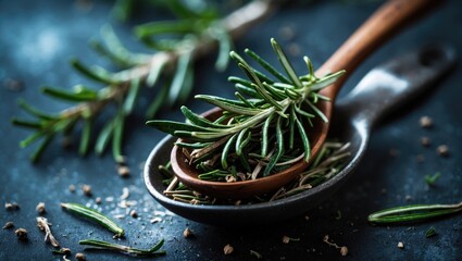 A spoon of dried rosemary with fresh rosemary sprigs on a dark surface. Culinary herbs and seasoning. The use of rosemary in cooking and flavoring.