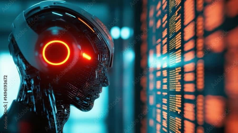 Poster futuristic robotic figure with glowing features interacting with digital data in a high-tech environ