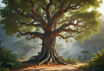 Ancient tree, lush exotic vines, vibrant leaves, foliage, forest