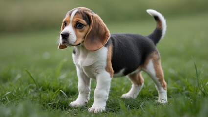 A charming tri-color beagle puppy stands on green grass.