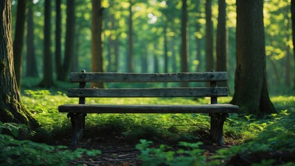 Naklejka premium View Of The Old Bench In The Middle Of The Forest with Empty Copy Space For Text