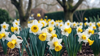 Obraz premium Outdoor garden with numerous daffodils and empty space for text.
