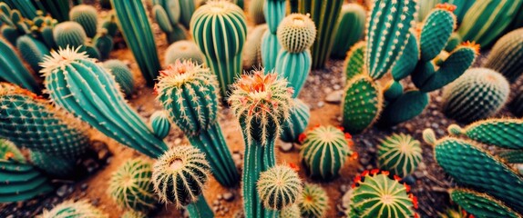 Obraz premium Aerial view of a cactus field with various cacti species in different shapes and sizes.