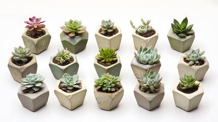 Geometric succulent arrangement in small concrete pots.