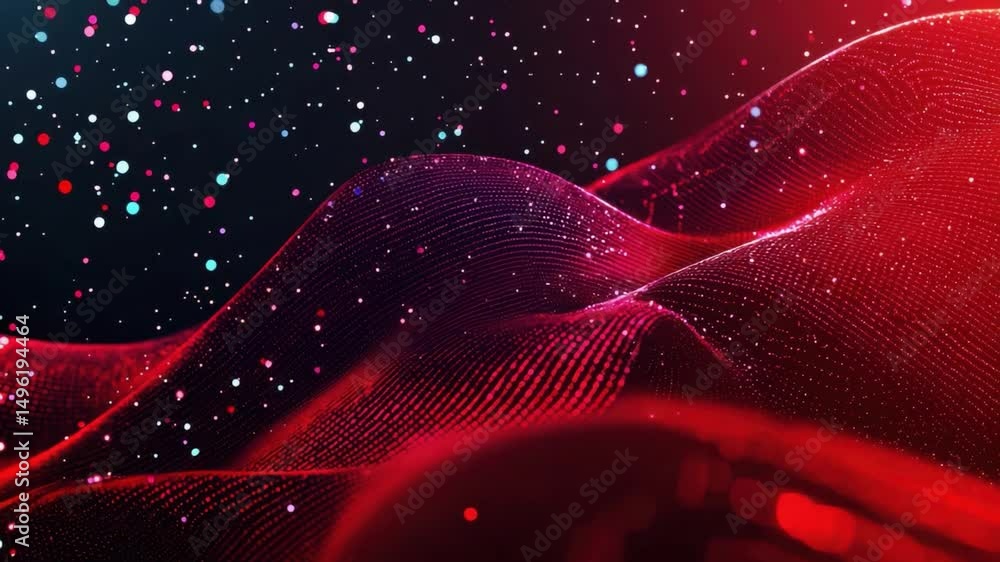 Poster colorful abstract waves with particles flowing in a digital space inspired by technology and innovat