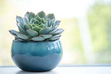 A succulent plant, Echeveria, thrives in a teal ceramic pot, bathed in soft sunlight.