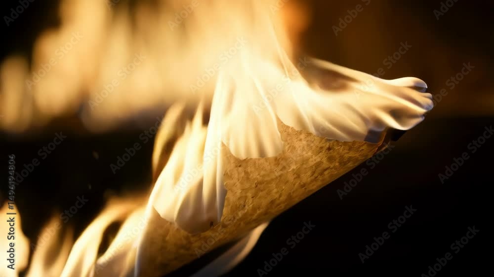 Poster close-up of burning paper engulfing in bright flames, creating a dramatic effect on a dark backgroun