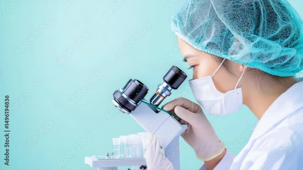 Poster scientist in lab coat using microscope for research and analysis in modern laboratory environment