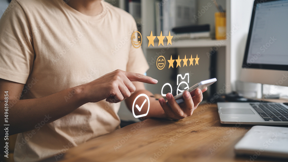Poster person using smartphone with feedback icons and laptop on desk in a home office environment view