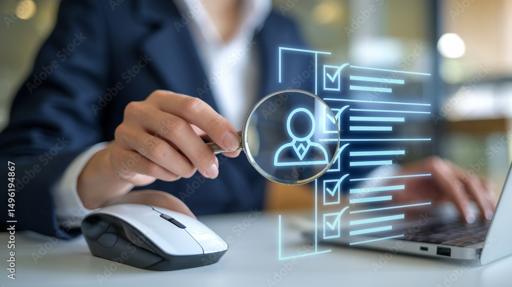 Poster person using magnifying glass on virtual profile and checklist on laptop for recruitment process