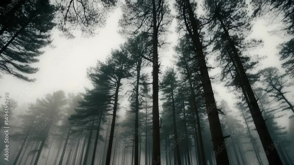 Poster eerie foggy forest scene with tall pine trees shrouded in mist, creating a mysterious atmosphere wit
