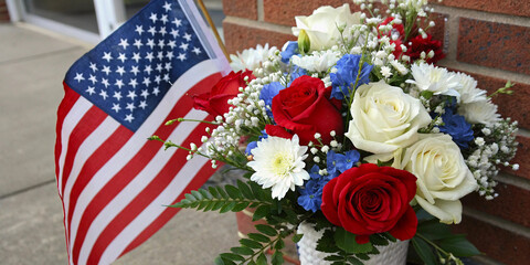 Patriotic Flower Arrangement with American Flag