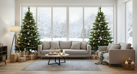 Christmas, Living room, Interior, Cozy Christmas Living Room with Two Decorated Trees and Presents
