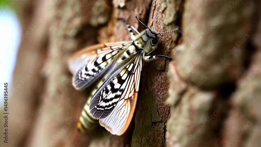 Aufkleber close-up of clearwing moth resting on a textured tree bark with visible patterns on its wings and se