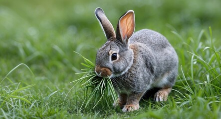 Fototapeta premium Gray Rabbit Moves Across The Grass While Eating Fresh And Green Grass