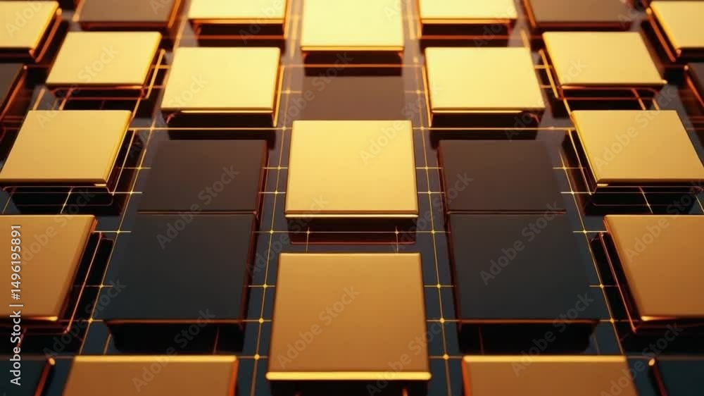 Poster gold bars stacked in rows on a glossy surface reflecting light and creating a luxurious atmosphere