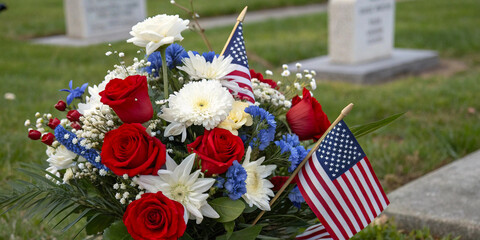 Patriotic Flower Arrangement with American Flag