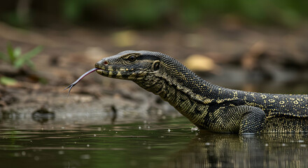 Naklejka premium Water monitor, Monitor lizard, Lizard, Water Monitor Lizard in a Pond