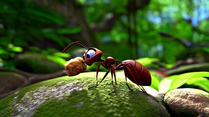 Animated ant balancing baked good, walking across mossy rocks in a lush green forest, cartoon illustration, insect animal, carrying food