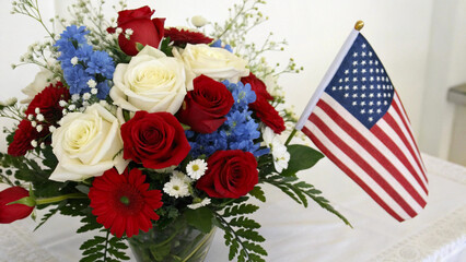 Patriotic Flower Arrangement with American Flag