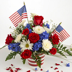 Patriotic Flower Arrangement with American Flag