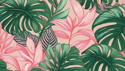 abstract tropical foliage background in green pink colors seamless pattern retro hand drawn tropical summer seamless pattern vintage exotic nature textile print