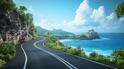 Winding coastal road under a sunny sky.