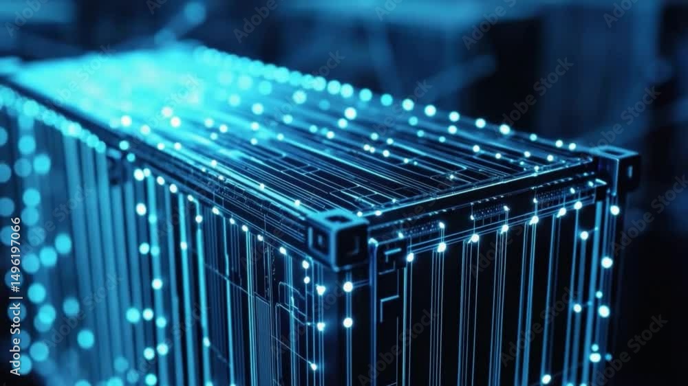 Poster futuristic digital cargo container with connected lines and bright dots in a technology background
