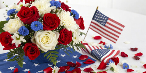 Patriotic Flower Arrangement with American Flag