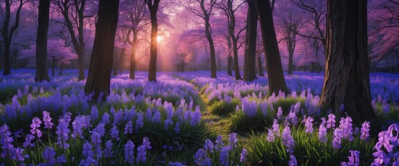 Obraz premium Beautiful Woodland Bluebell Forest In Spring with Purple and Pink Flowers Under Tree Canopies and Sunrise, Featuring Empty Space for Text