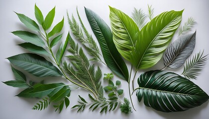 vibrant greenery arranged beautifully with various leaves and plants showcasing nature s beauty on a clean white surface in an artistic display