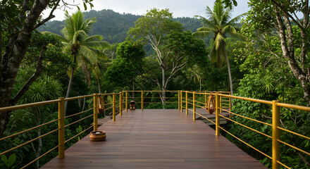 Fototapeta premium Tropical, Rainforest, Jungle, Wooden Deck Overlooking Lush Tropical Rainforest