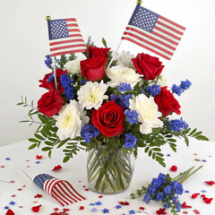 Patriotic Flower Arrangement with American Flag
