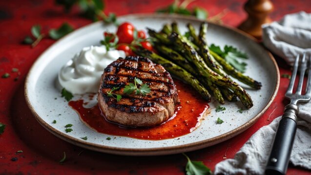 Grilled meat medallion presented on a red background with white, accompanied by empty space for text. - Powered by Adobe